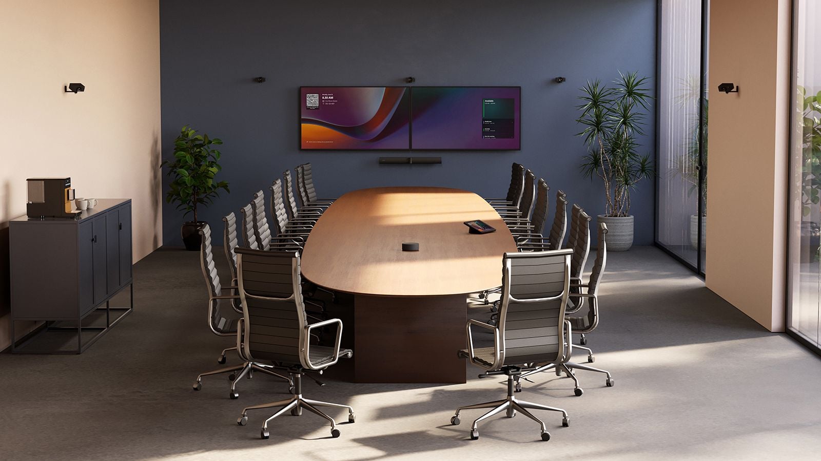 Large meeting room with Huddly Five-Camera Crew and Jabra PanaCast Room Kit